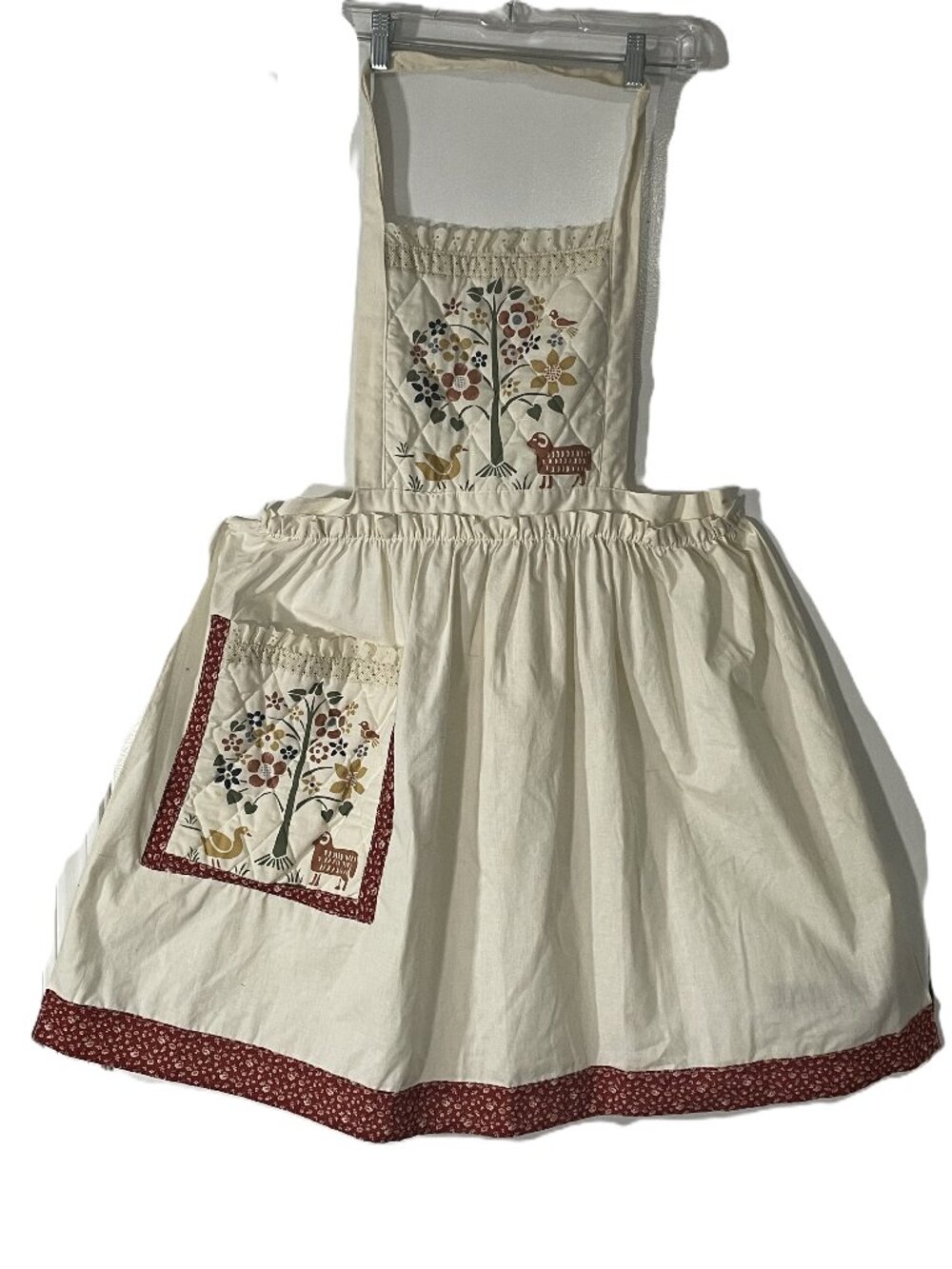 Vintage Cottagecore Handmade Pinafore Apron Cream Red Trim Ruffle Quilted